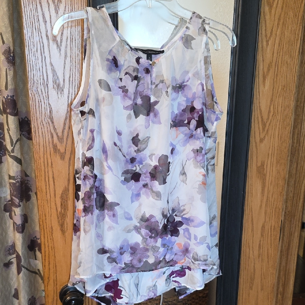 White House Black Market Asymmetrical Sleeveless Tunic in Purple and White